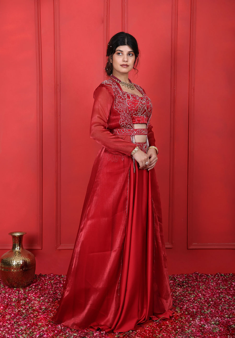 Thumbnail: Cornell Red Hand Embroidered Blouse Lehenga Jacket & Belt Set