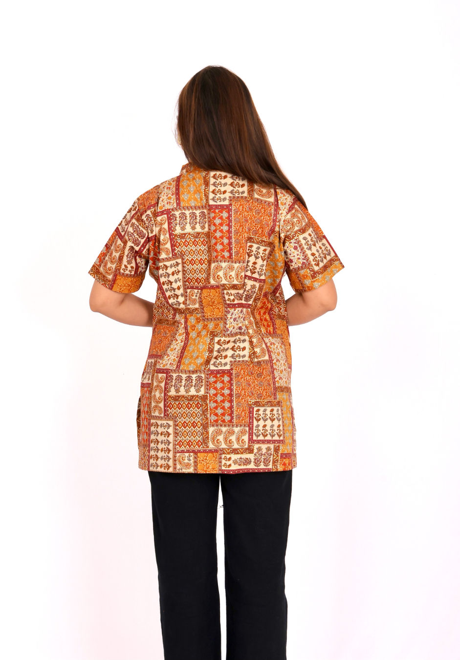 Thumbnail: Mandarin Collar Cotton Foil Printed Straight Kurti Top
