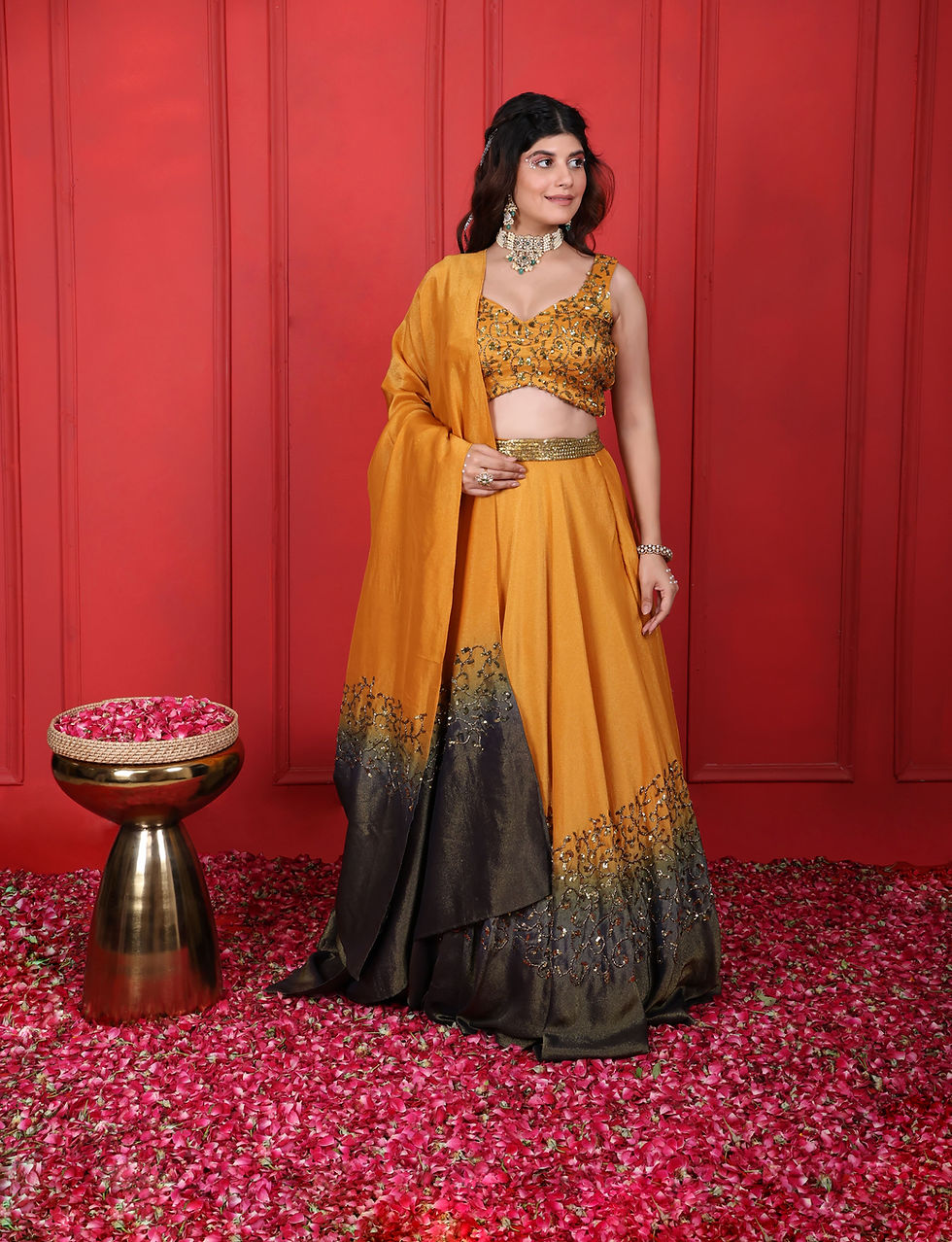 Thumbnail: Goldenrod & Judge Grey Hand Embroidered Ombre Lehenga Set