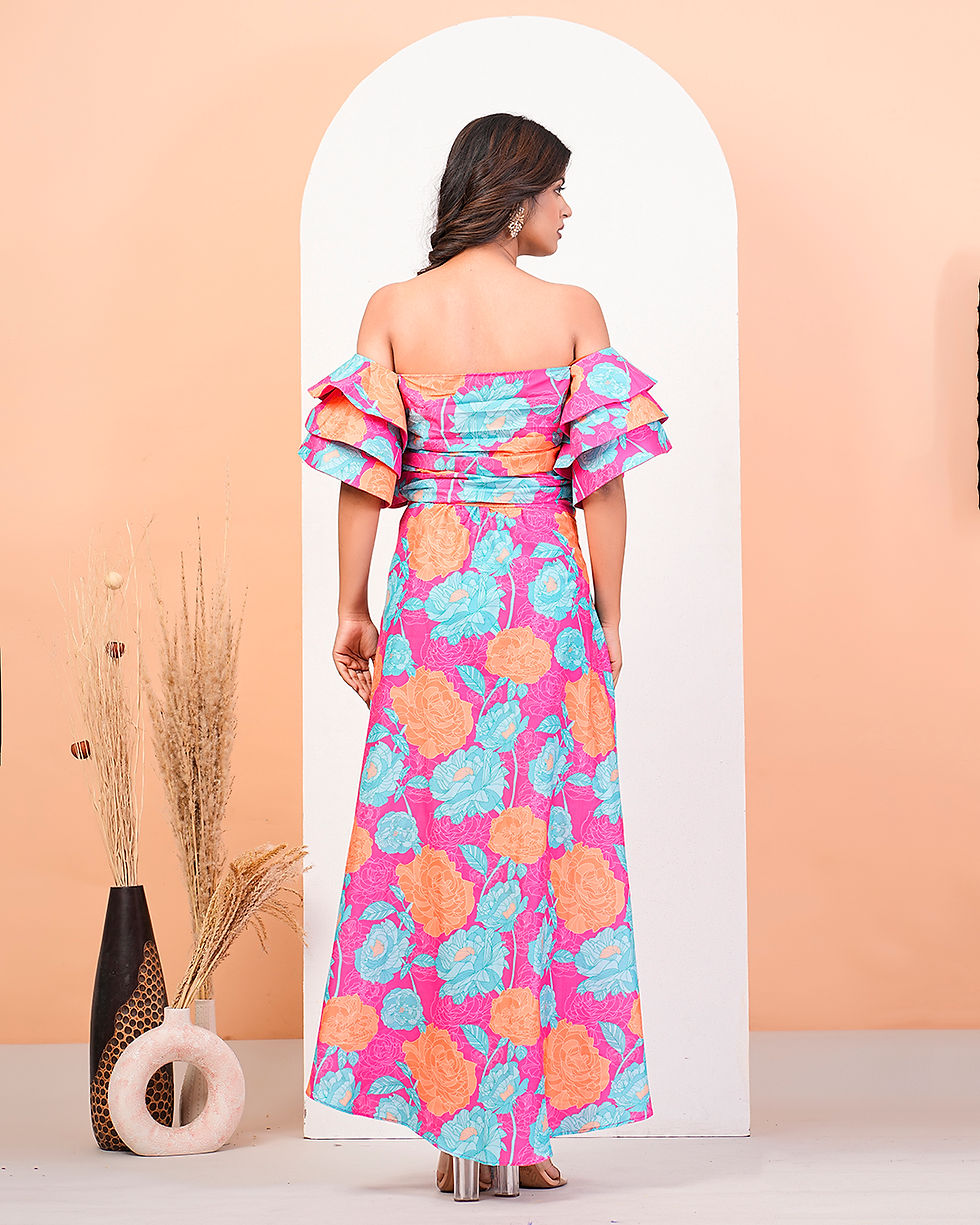 Thumbnail: Floral Printed Ruffled Sleeves Top With Drape Skirt