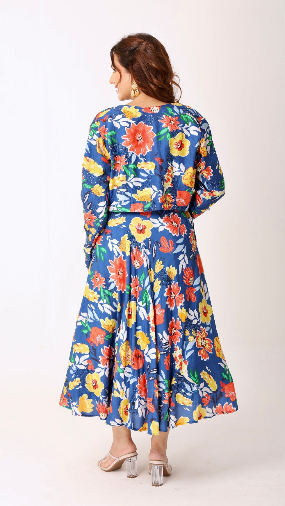 Thumbnail: Deja vu blue vibrant floral short-lehenga set with jacket