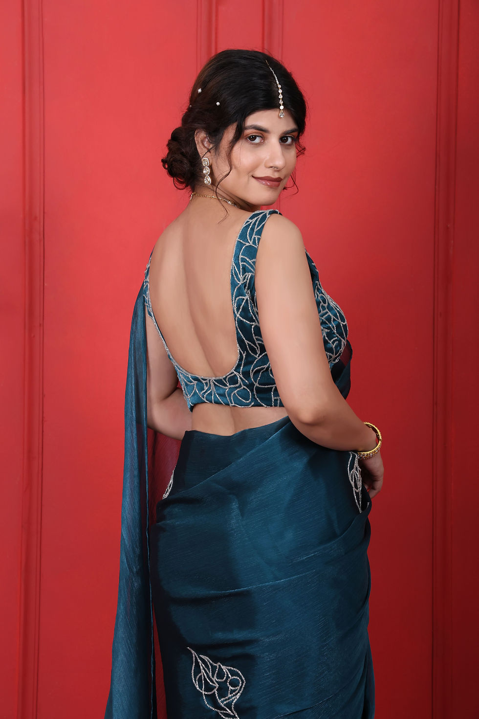 Thumbnail: Blue Dianne Square Neck Hand Embroidered Saree Set