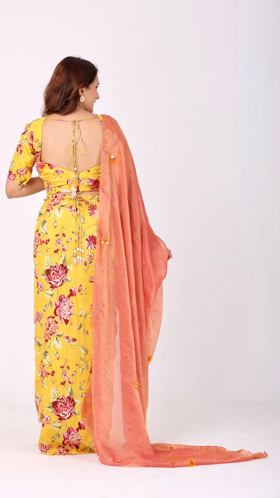 Thumbnail: Floral printed pre-draped saree with matching blouse and contrasting pallu