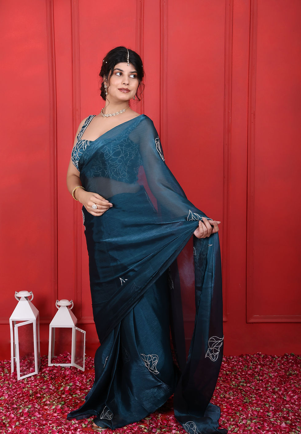 Thumbnail: Blue Dianne Square Neck Hand Embroidered Saree Set