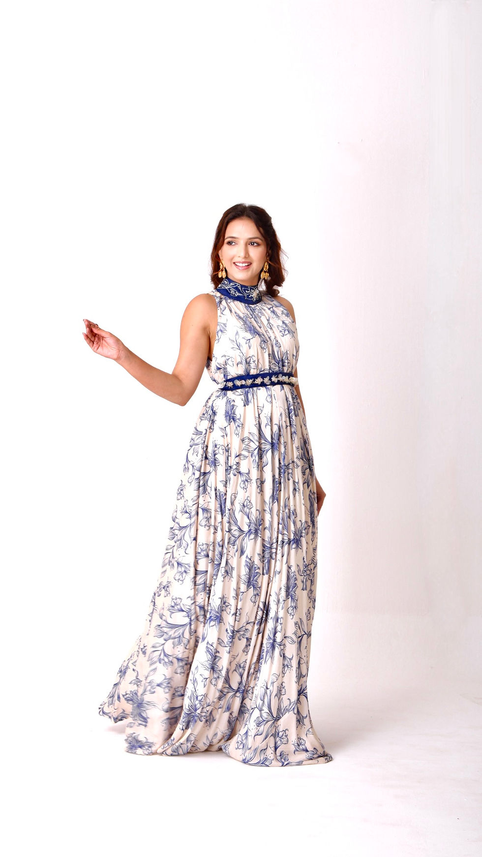 Thumbnail: Ivory & navy floral halter-neck hand-embroidered gown with belted elegance