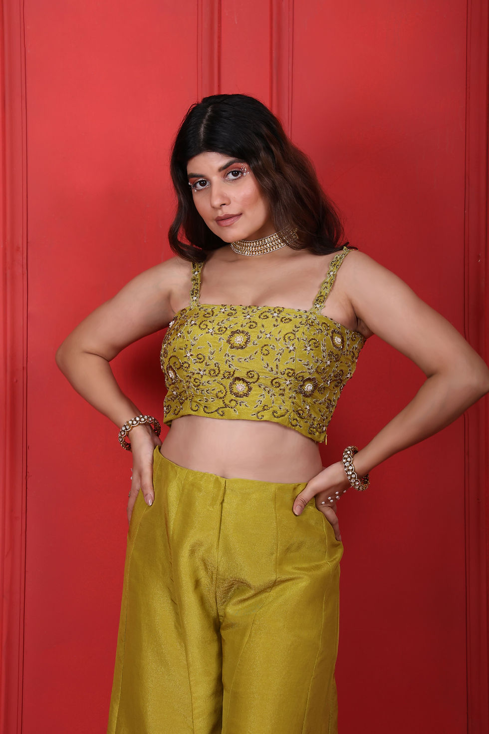 Thumbnail: Hand Embroidered Blouse With Flared High Waisted Pants