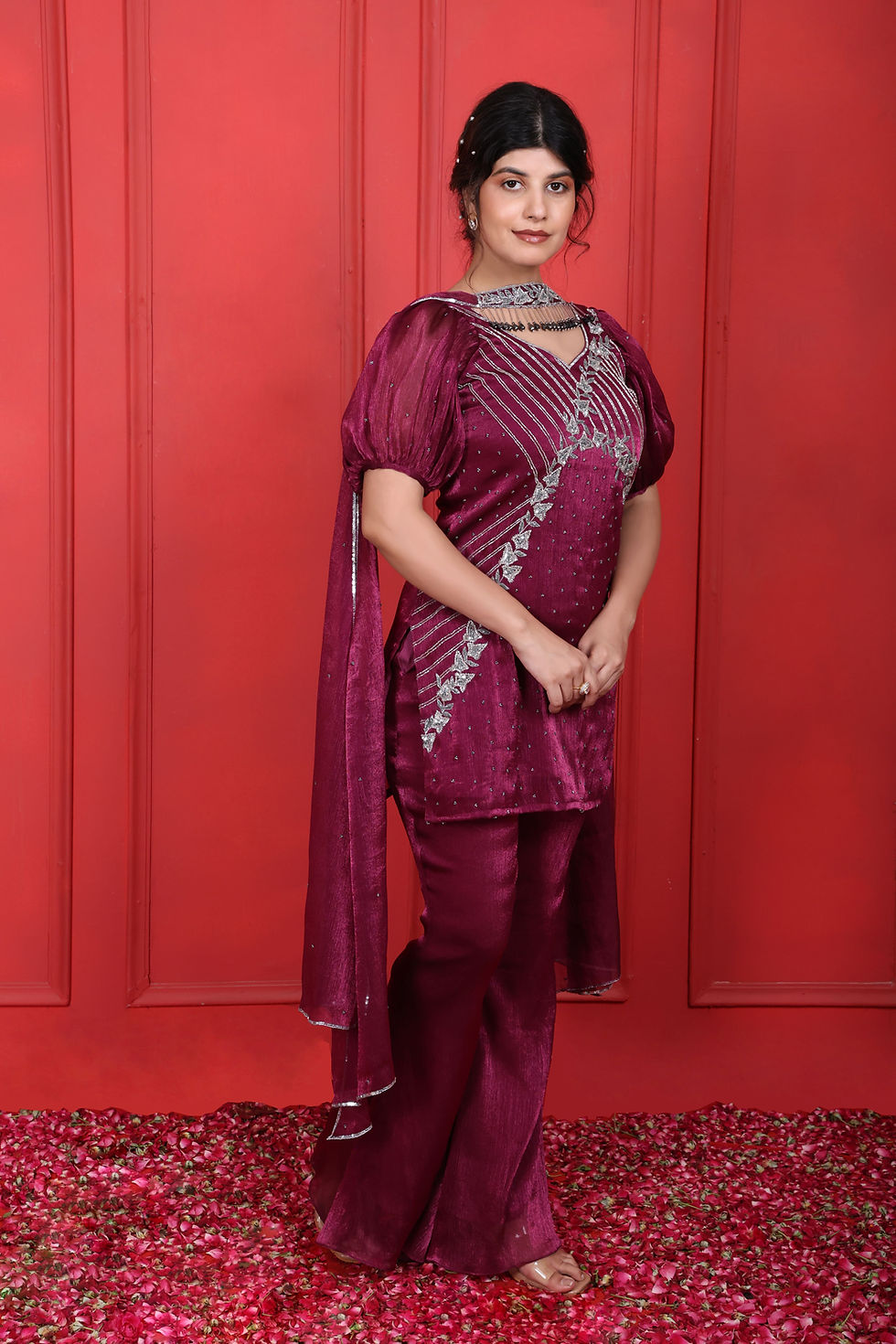 Thumbnail: Heavy Hand Embroidered Puff Sleeves Kurta With Pant & Choker Dupatta
