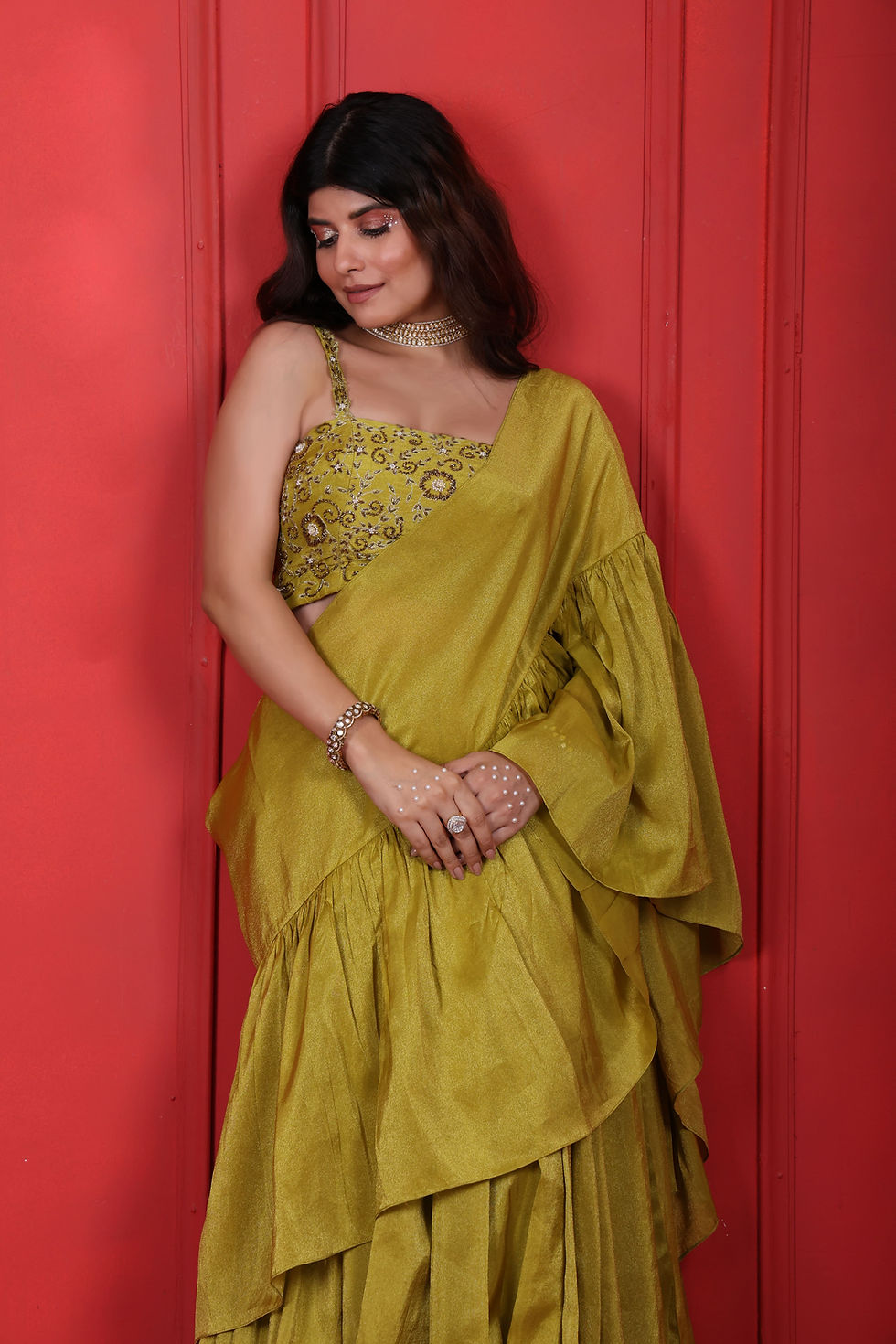 Thumbnail: Hand Embroidered Blouse With Ruffle Palla Saree Set