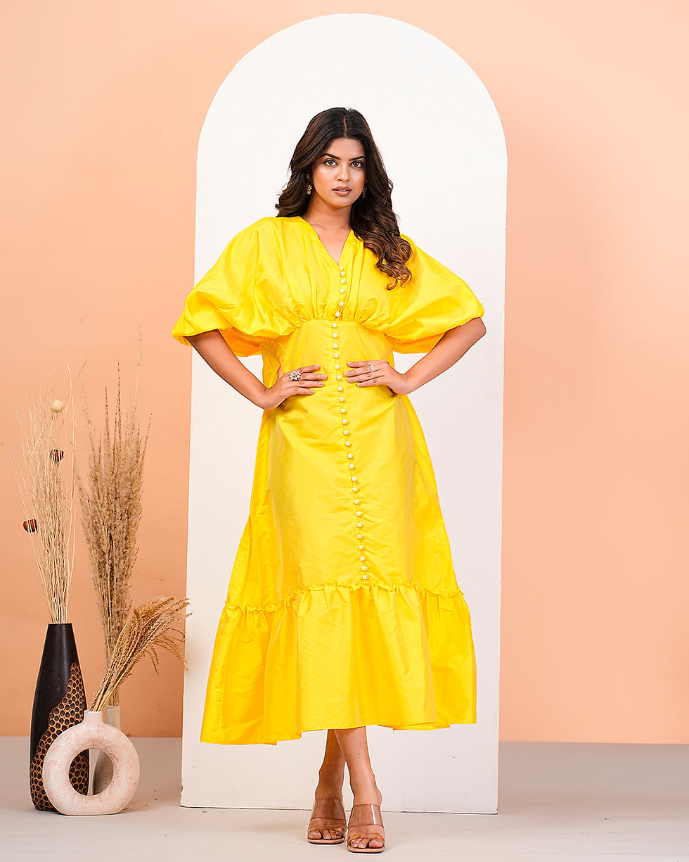 Thumbnail: Bright Yellow Gathered Calf Length Dress With Pearl Buttons