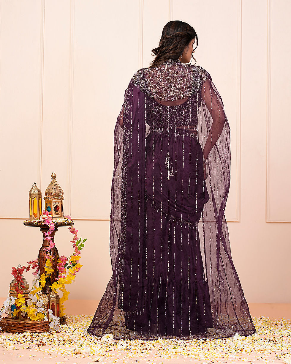 Thumbnail: Blackberry Wine Hand Embroidered Choli With Pre Drape Saree Jacket Belt Set