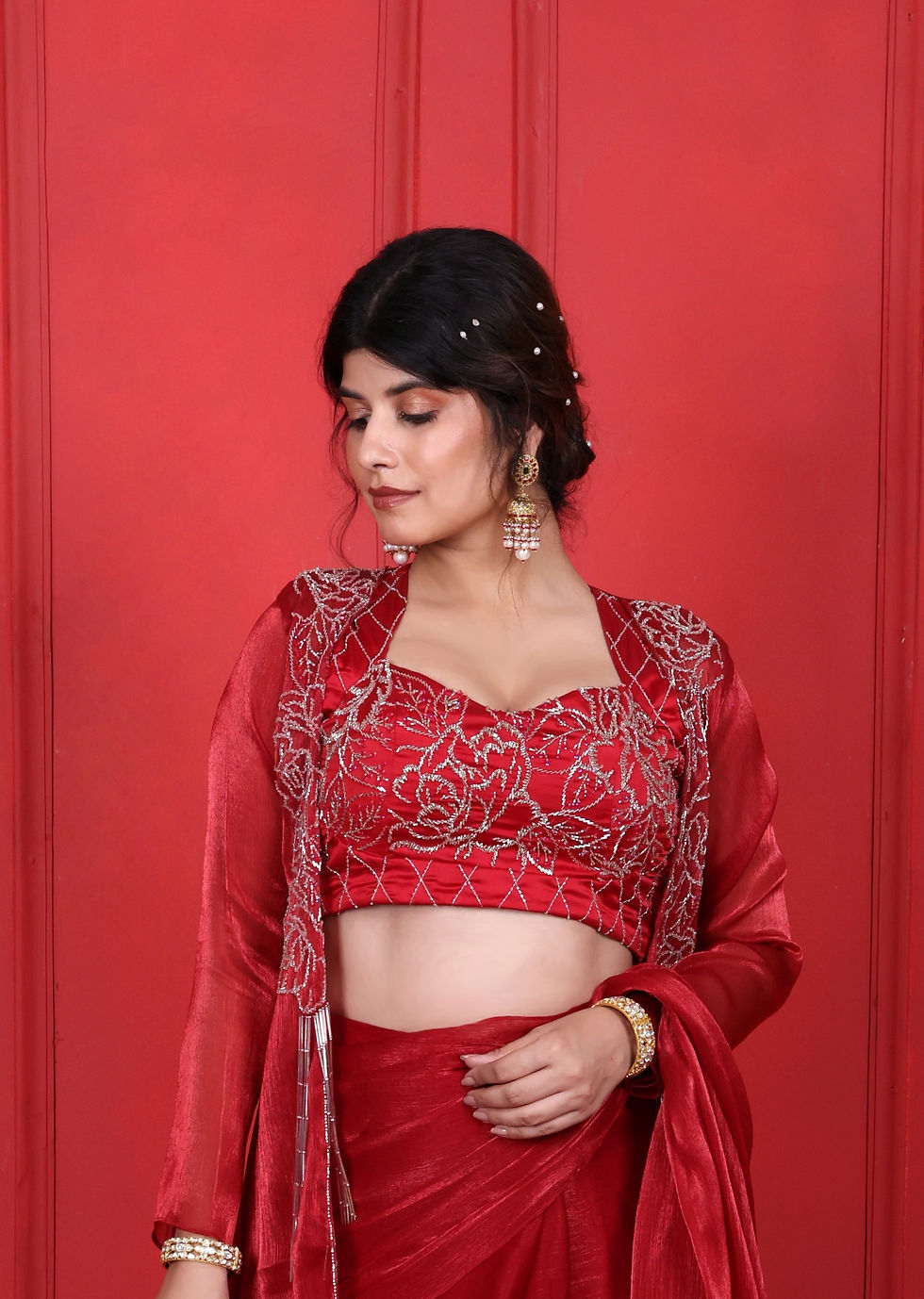 Thumbnail: Hand Embroidered Cornell Red Pre-Drape Saree With Blouse & Jacket