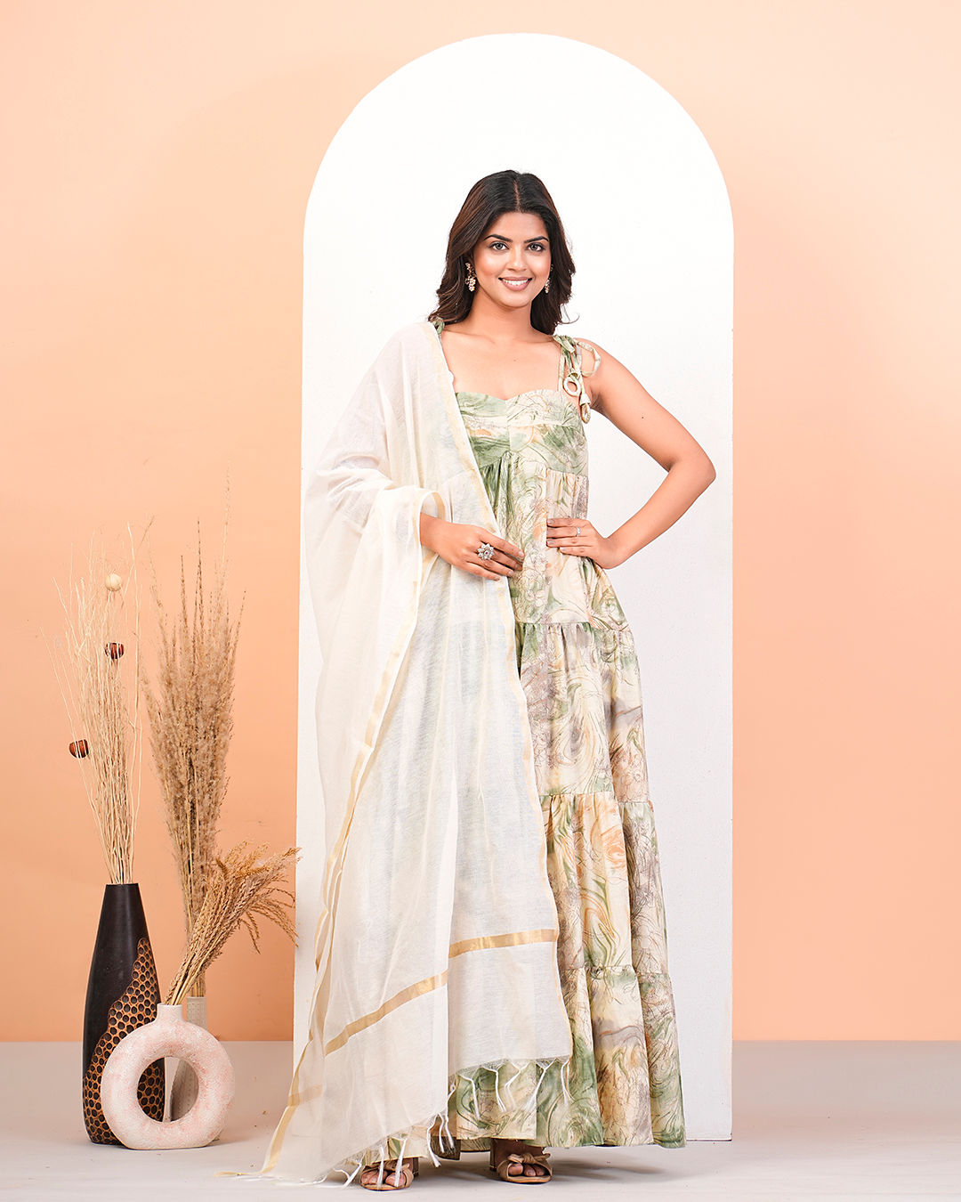 MULTICOLUR FLORAL ABSTRACT LAYERED ANARKALI KURTA WITH DUPATTA SET