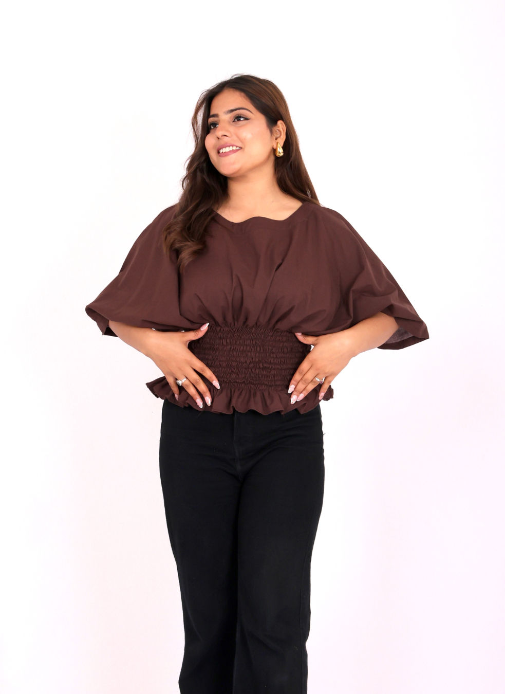 Brown Cotton Smocked Top with Batwing Sleeves