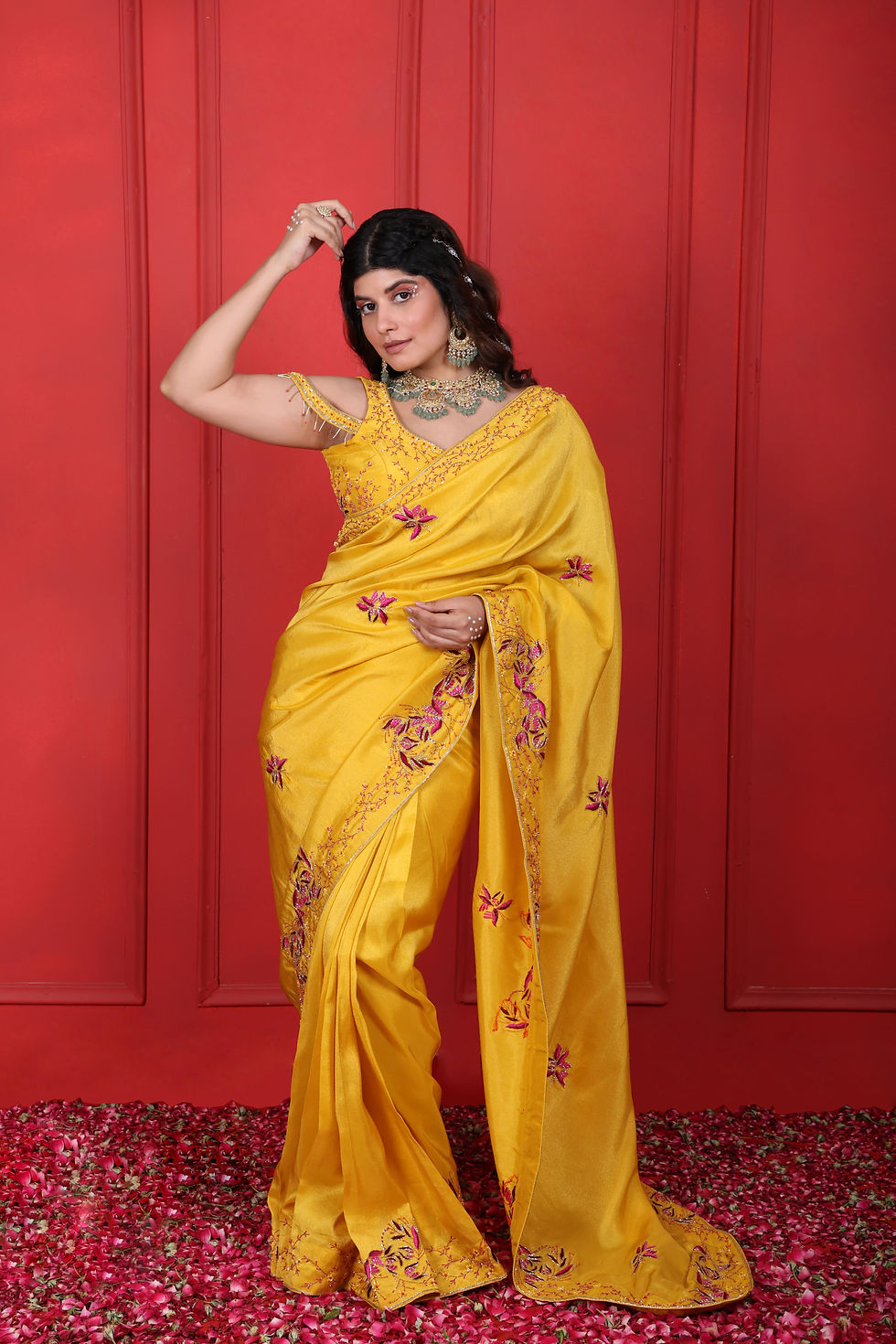Thumbnail: Heavy Hand Embroidered Sunflower Yellow Saree Set