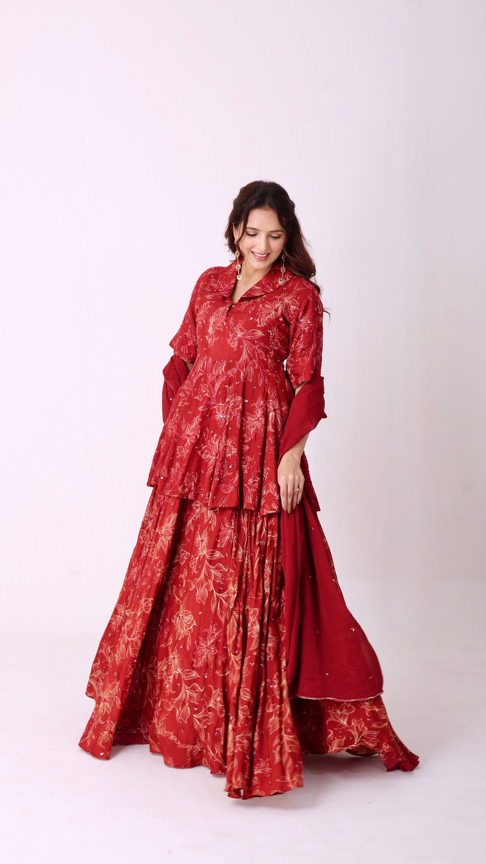 Thumbnail: Hand-embroidered floral peplum kali kurti blouse paired with lehenga & dupatta
