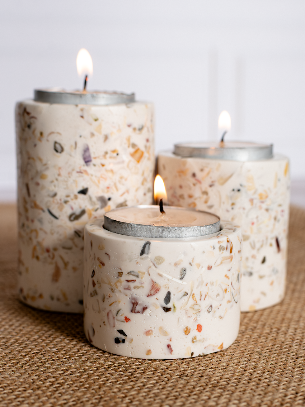 Biophilic Jesmonite Gypsum Acrylic Resin Home Decor Three Piece Tealight Candle Holders Set Seashells Different Heights