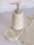 Crochet Cleanse Set, crochet cotton facial scrubbies and washcloth displayed on trinket dish with soap dispenser