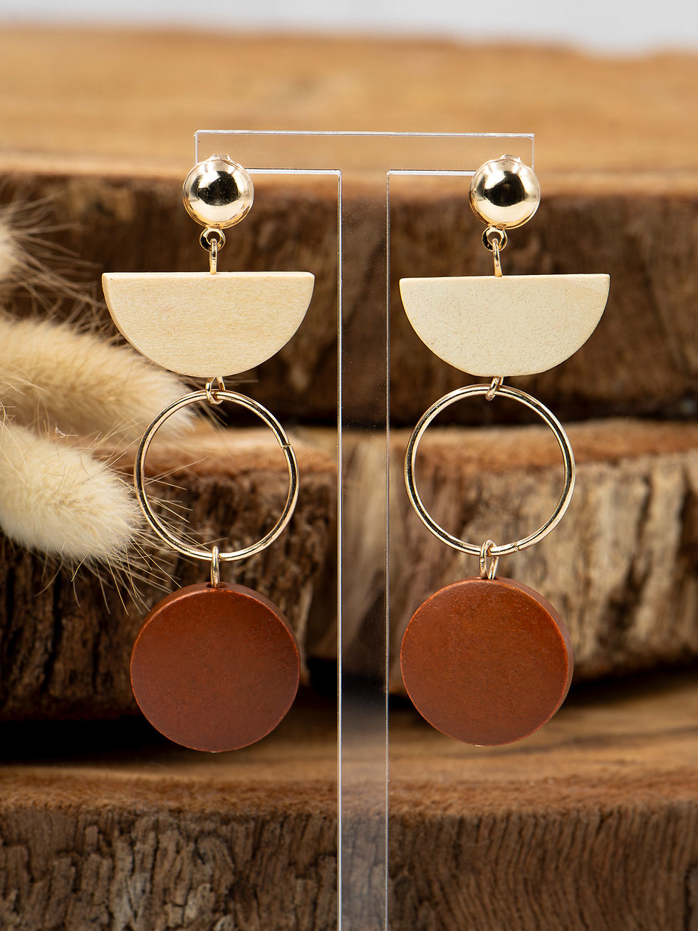 Curated Wood and Gold Dangle Earrings with Geometric Shapes
