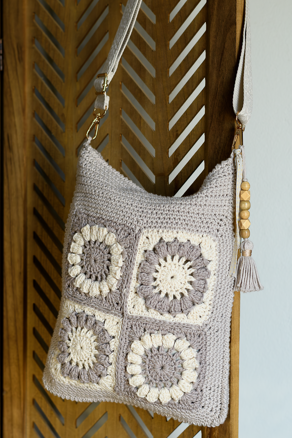 Handmade Handcrafted Artisanal Cotton Crochet Handbag with Detachable Sling Strap and Tassel Accessory Lining and Zip