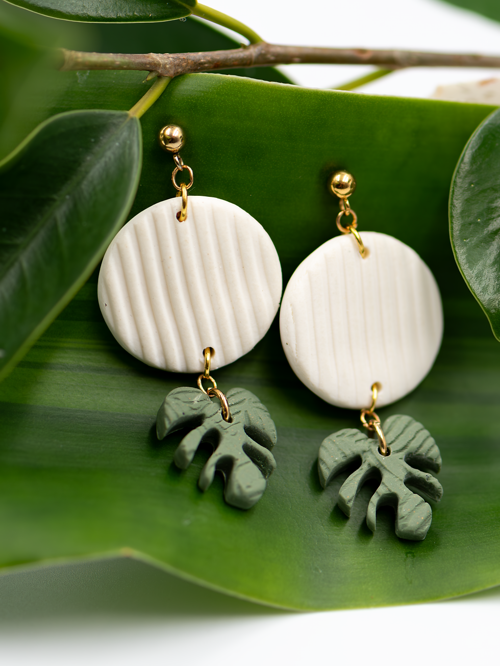 Handmade White Circles and Mini Green Monstera Leaves Polymer Clay Earrings