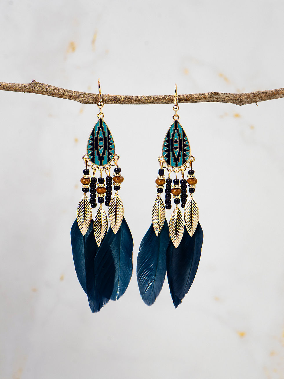 Curated Gold, Blue and Navy Feathers Dangle Earrings Bohemian Style Wood Beads
