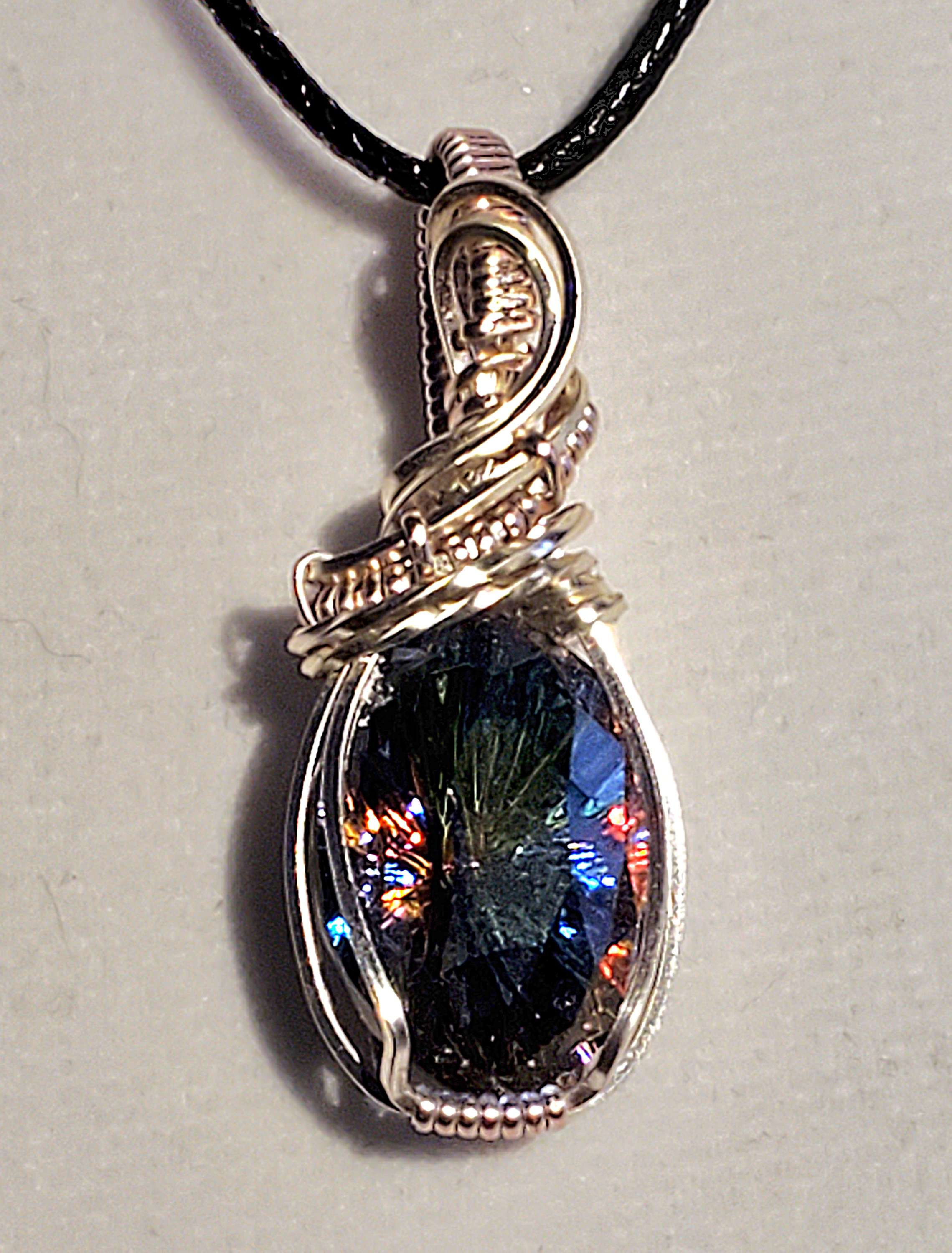 Crystal Vitrail Facited Stone Wrapped in Silver Wire 