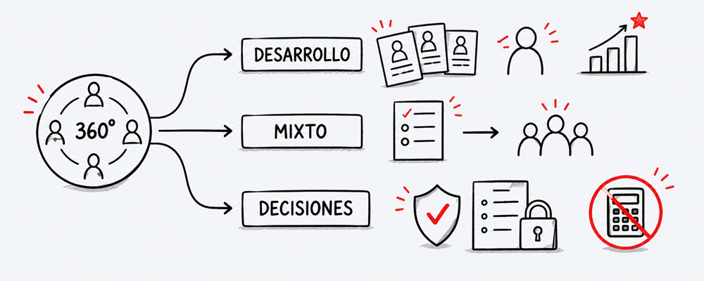 Ilustración conceptual de tres enfoques para ponderar según el uso de una evaluación 360°