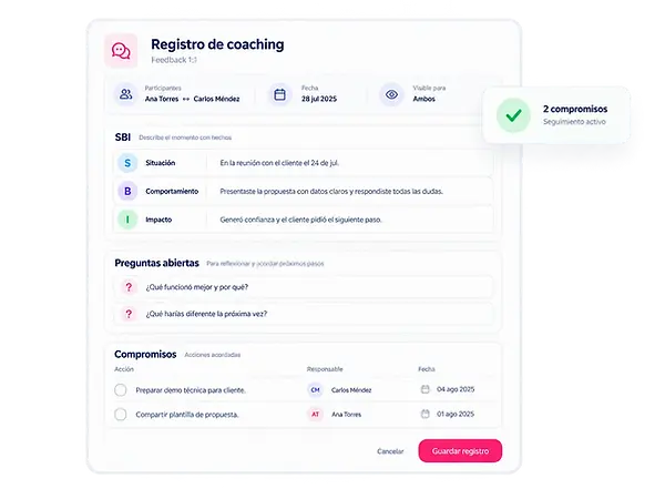 Registro de coaching con estructura SBI, preguntas abiertas y compromisos con responsables y fechas.