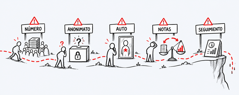 Ilustración conceptual sobre errores frecuentes al definir pesos en una evaluación 360°