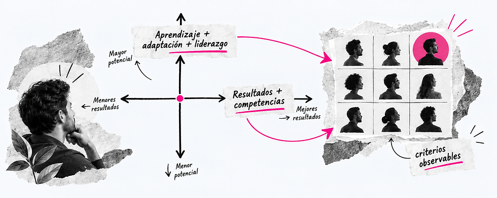 Los dos ejes de la Nine Box: resultados, competencias, aprendizaje, adaptación y liderazgo.