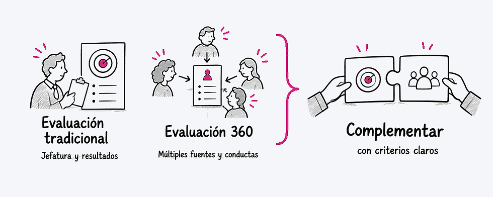 Comparación entre evaluación tradicional de jefatura y evaluación 360 con múltiples fuentes, que pueden complementarse con criterios claros.