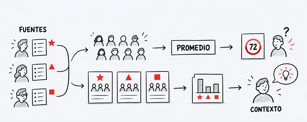 Ilustración conceptual sobre ponderar una evaluación 360° más allá de un porcentaje