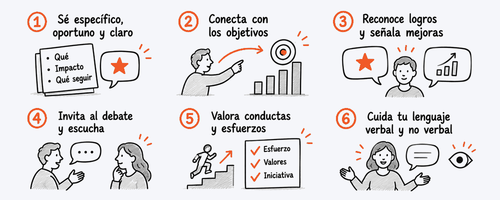 Seis pautas de conversación: claridad, conexión con objetivos, reconocimiento de logros, escucha, valoración de esfuerzos y cuidado del lenguaje.