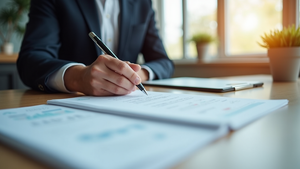Eye-level view of a real estate agent reviewing documents at a desk