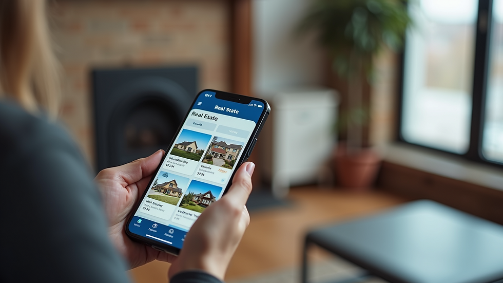 Close-up view of a smartphone showing a real estate app with property listings