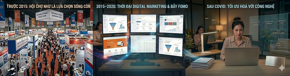 Trade show with crowds before 2015, digital marketing screens 2015-2020, woman at laptop optimizing with tech post-COVID. Vietnamese text.