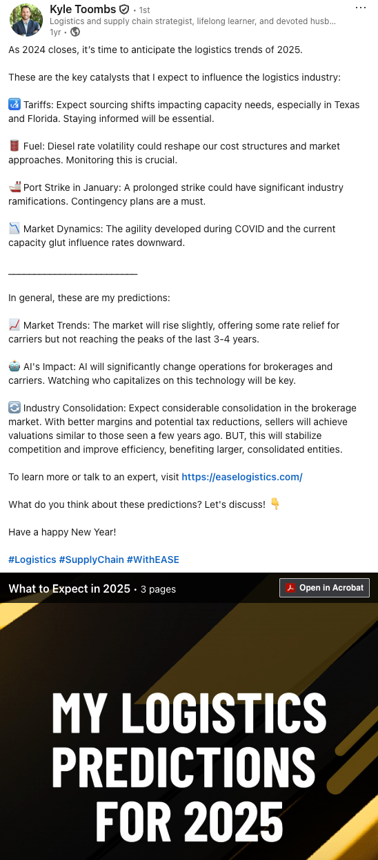 Kyle Toombs Annual Ppedictions on LinkedIn