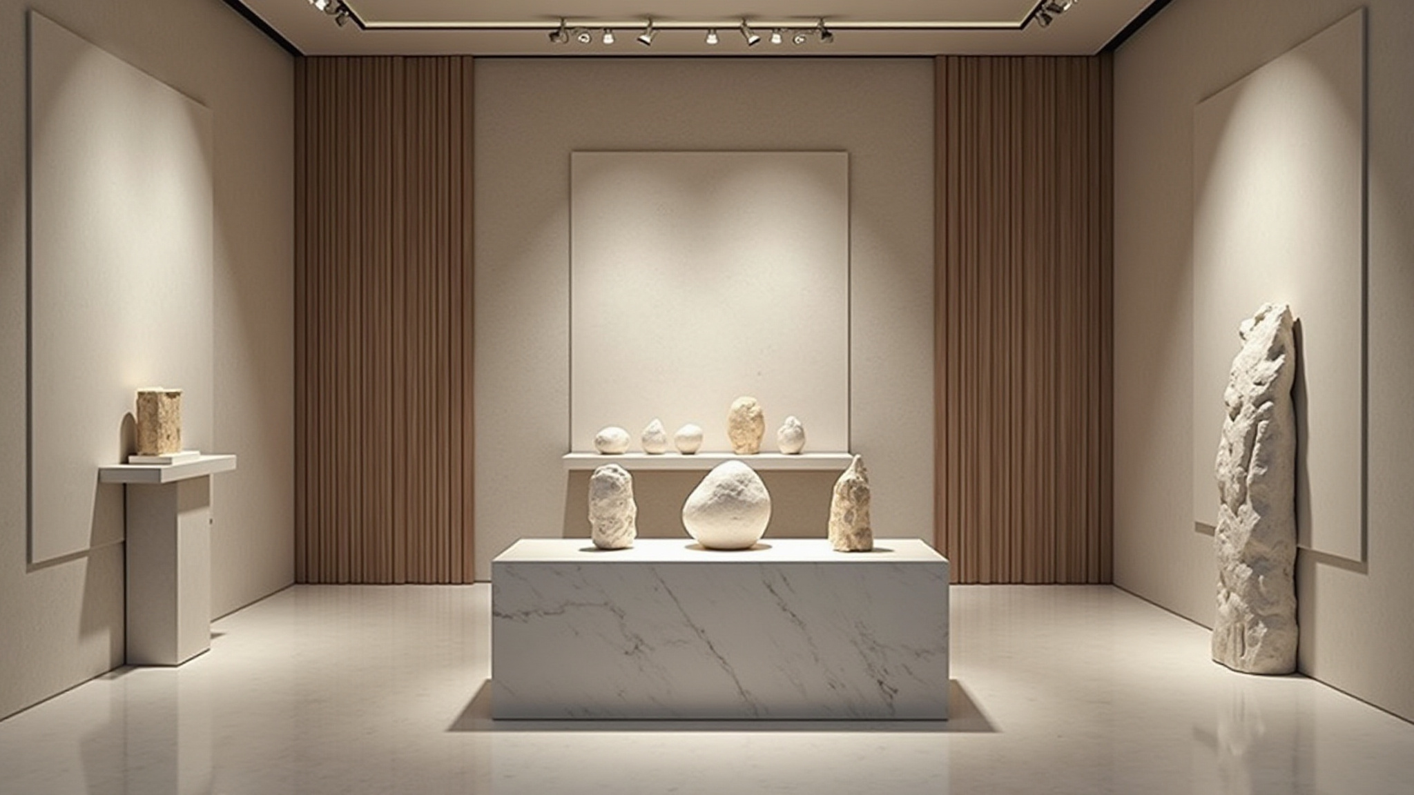 Helle Kunstgalerie zeigt organische Skulpturen auf Marmorsockeln, minimalistisches Design.