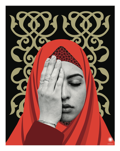 an art piece. a woman in a red hijab covering half of her face with her hand
