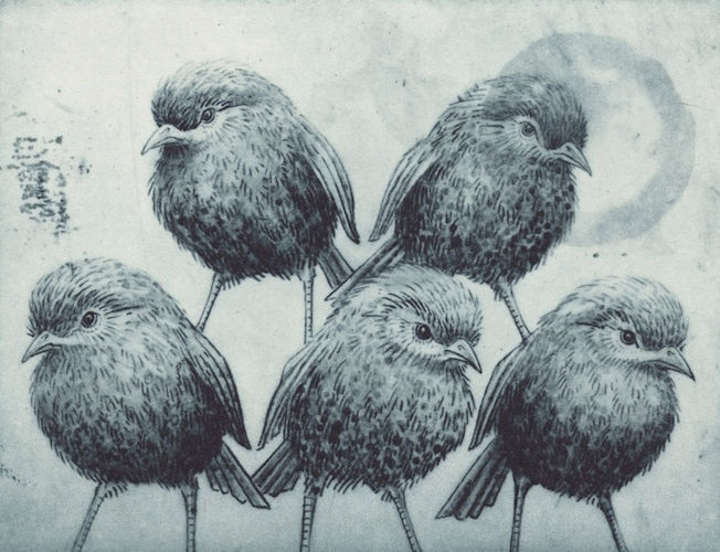 an art print of 5 black robins