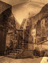 a photograph of two overlapping images, one of a foyer with an arched ceiling, one of a cityscape