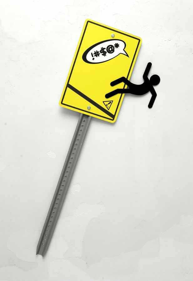 a yellow traffic sign with the black walking figure slipping off and proclaiming '!#$@*'