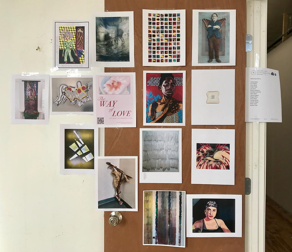 a collection of printed pictures on standard printer paper hung along a wall and a door