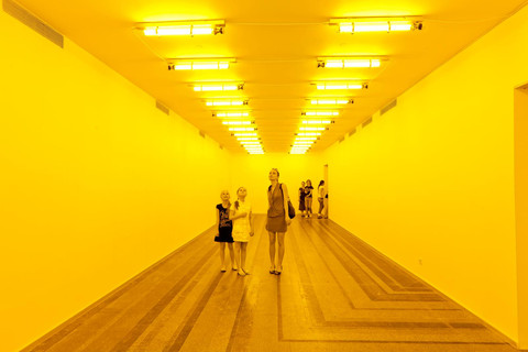 people stand in a room illuminated by two rows of neon yellow florescent bulbs. the people appear black and white