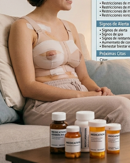 Mujer recuperándose de reducción mamaria, con vendajes y medicinas