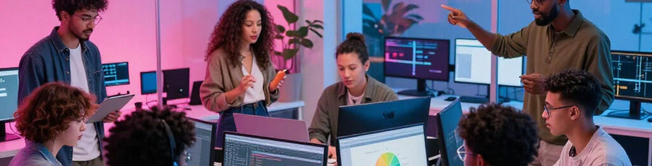 people in an office around computers