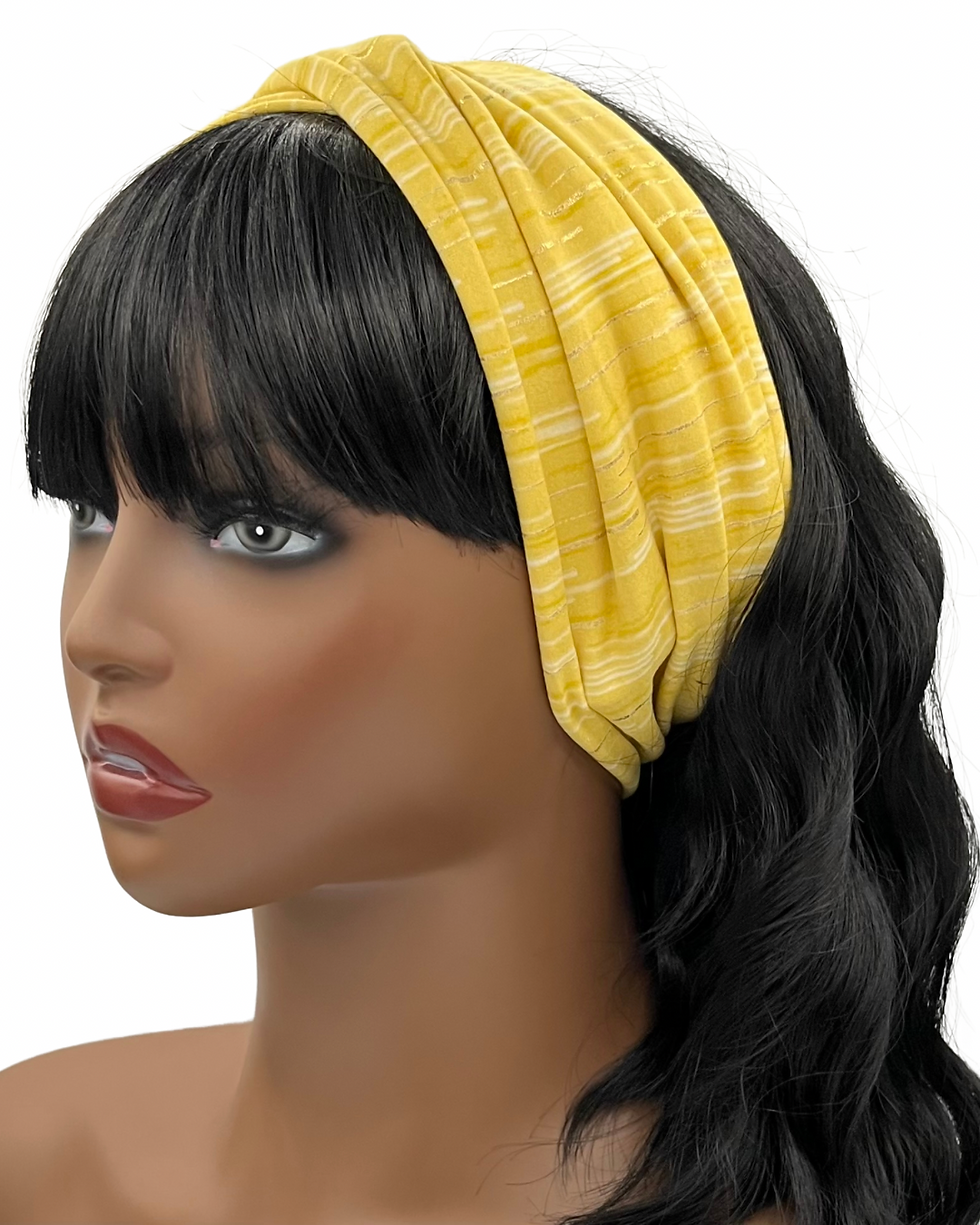 Thumbnail: Lemon Yellow Streaked Wide Crossover Headband, Boho Headband, Workout Headband
