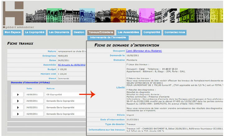 Un exemple de fiche de demande d’intervention — capture de l’espace client