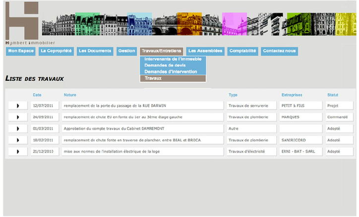 Consultation des listes de travaux — capture de l’espace client