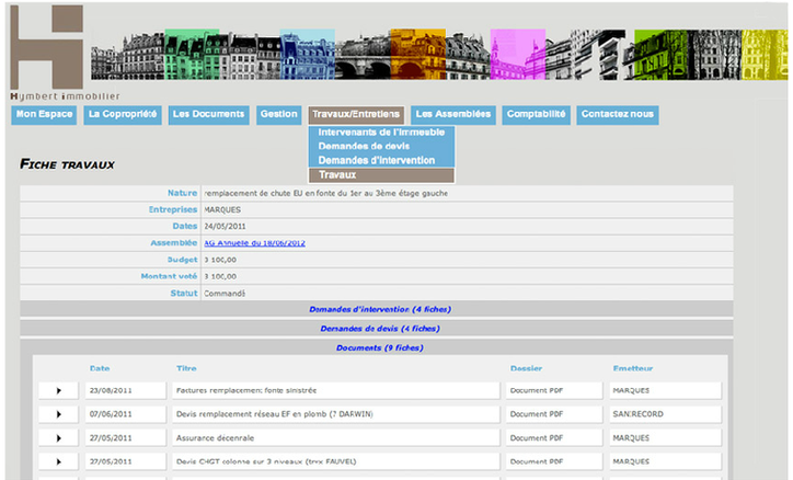 Un exemple de fiche de travaux — capture de l’espace client